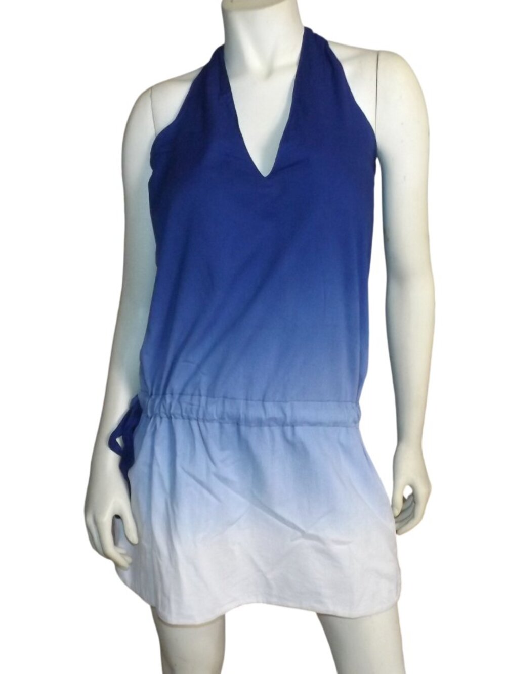 TRIPLE FIVE SOUL Dress, M, Blue/White Ombre, Halter, Mini, Cinch Waist, Cotton